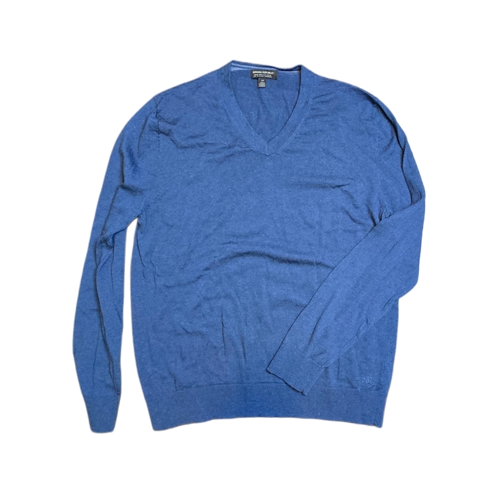 Banana Republic 100% Merino Wool Blue V-Neck Sweater Large Soft Lightweigh Knit‎